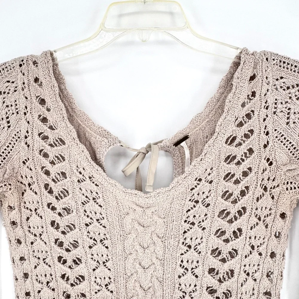 Free People Y2K Cable Knit Open Tie Back Sweater Beige Size S Coastal Bohemian
